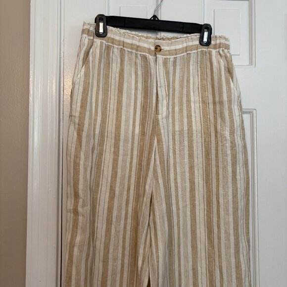 Faherty Monterey Linen Wide Leg Pants Tan Stripe Elastic Waist - M - Picture 8 of 9